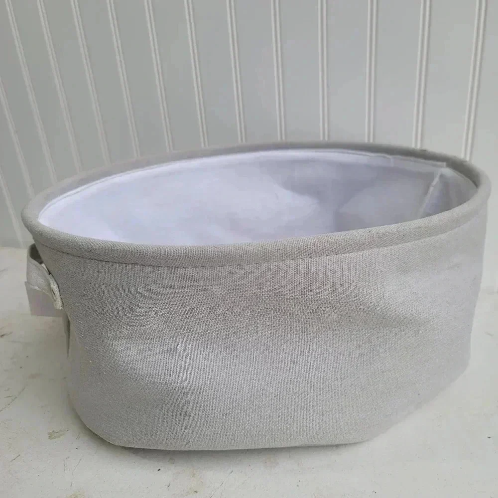 Dog Toys Oval Gray Canvas w/Handles Storage Basket Organizer Bin Box 7.5x15x12
